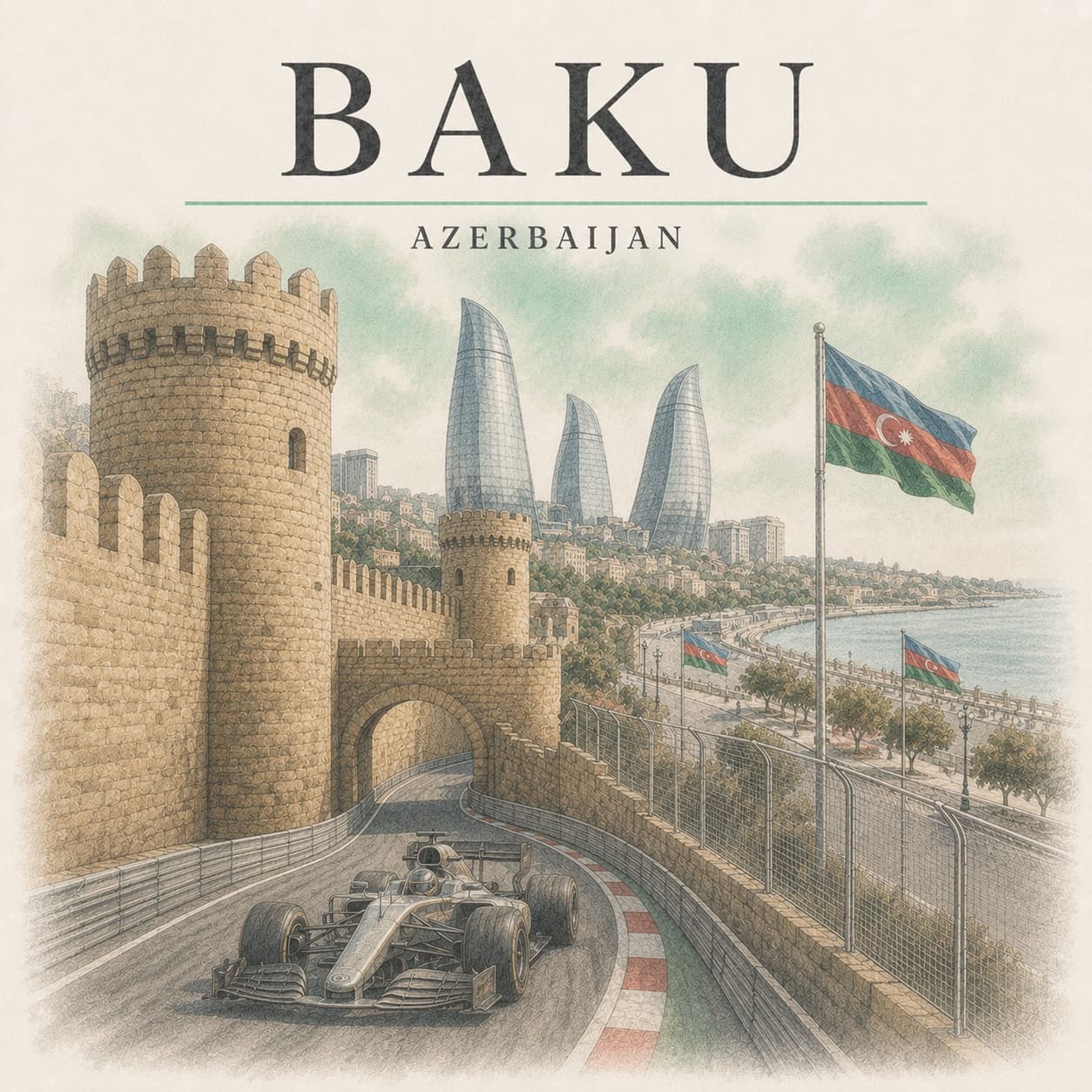 A Formula 1 car threading the medieval walls of Baku's Old City, the Flame Towers and the Caspian bay beyond.