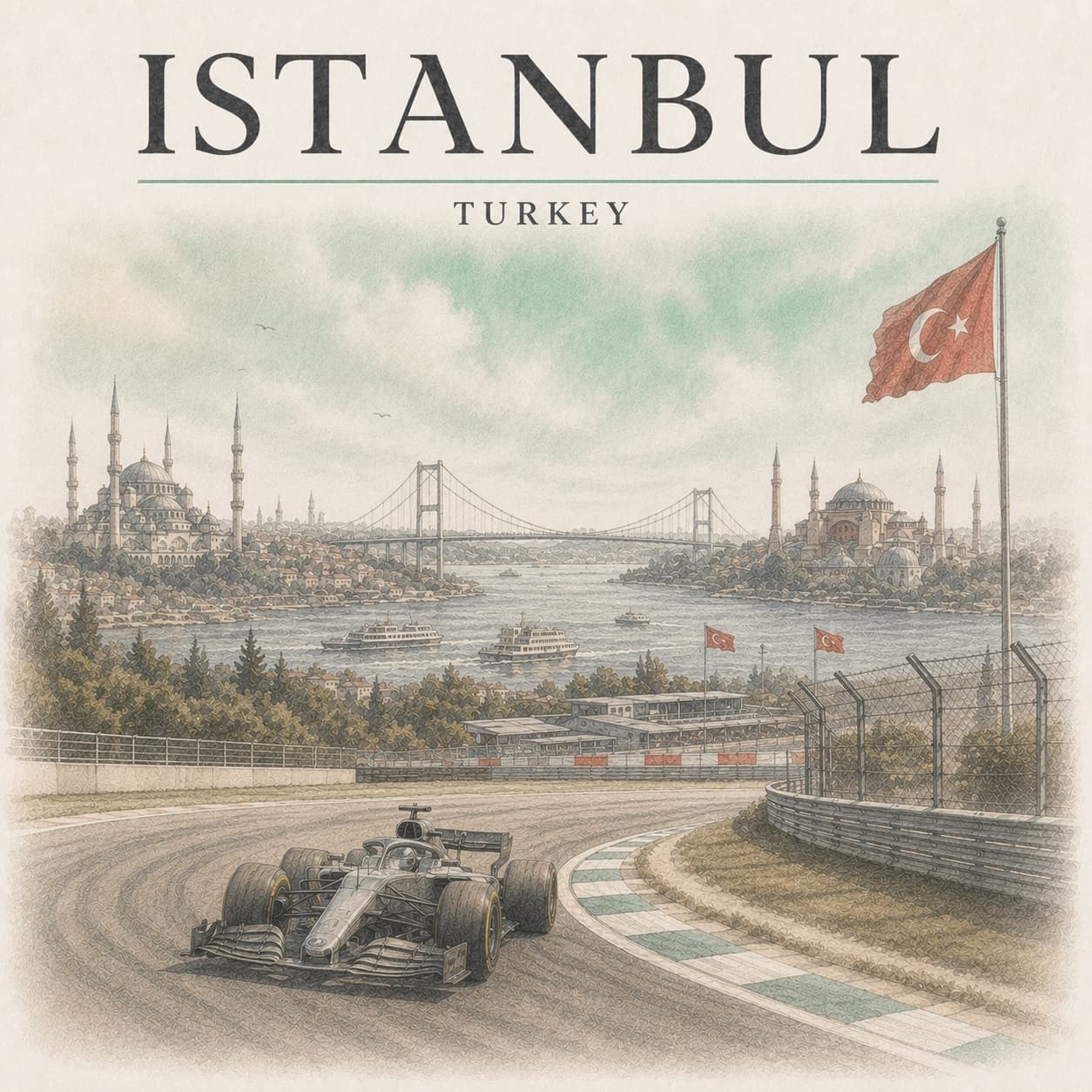 A Formula 1 car sweeping through Turn 8 at Istanbul Park, the Bosphorus, its bridge and the old-city mosques beyond.