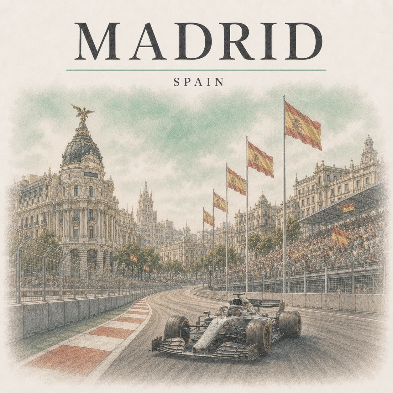A Formula 1 car on the Madrid street circuit, Spanish flags flying and the Metropolis dome on the skyline behind.