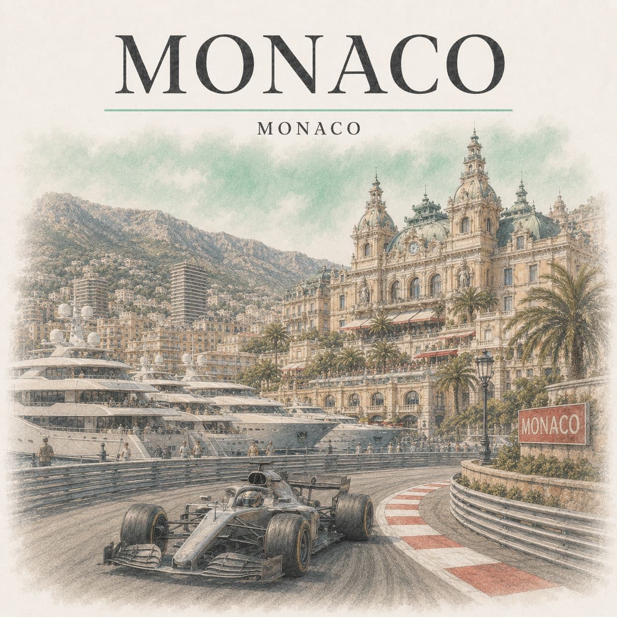 A Formula 1 car through the Monte Carlo hairpin, superyachts in the harbour and the Casino rising on the hillside behind.