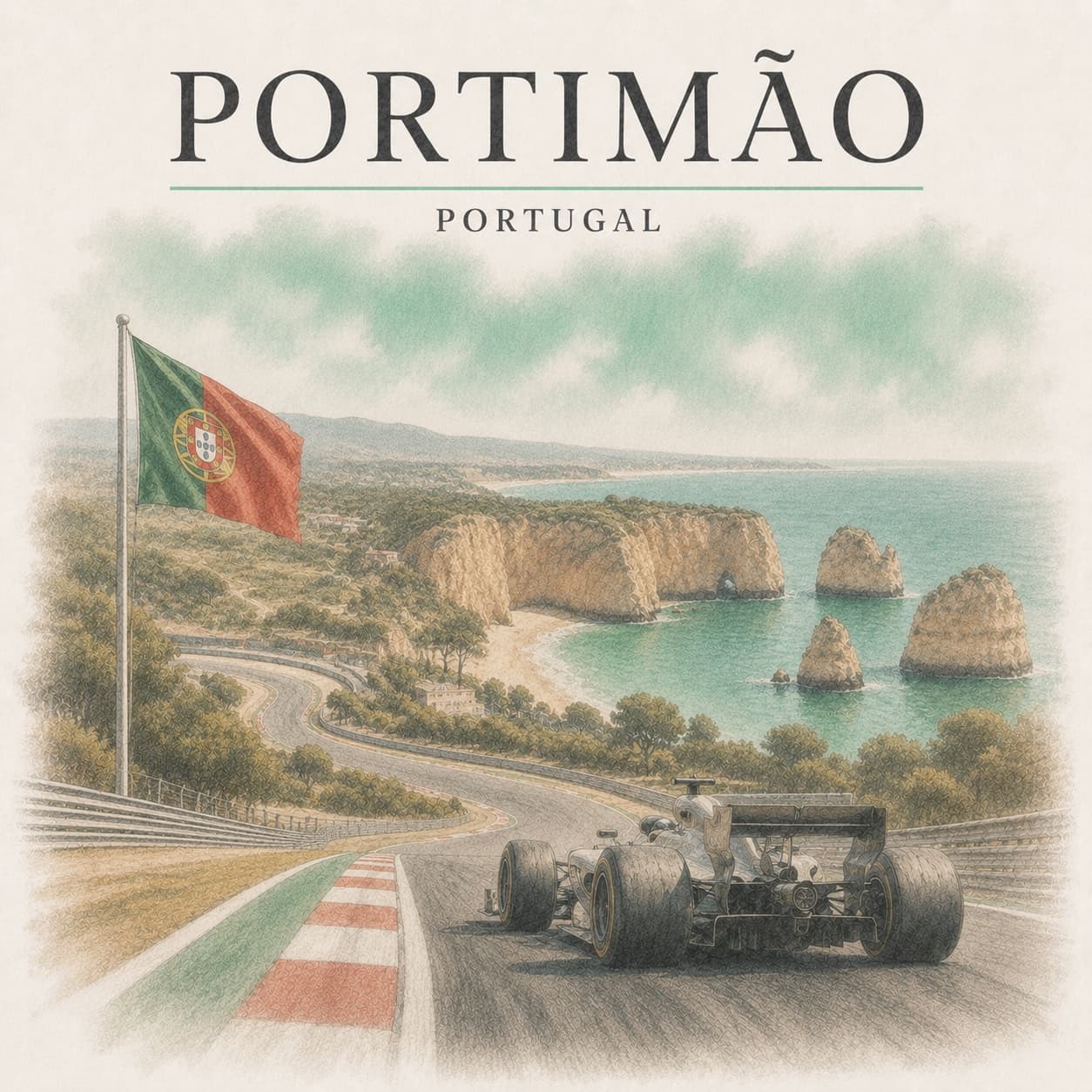 A Formula 1 car cresting the Algarve circuit above Portimão, the Atlantic cliffs and coast beyond.
