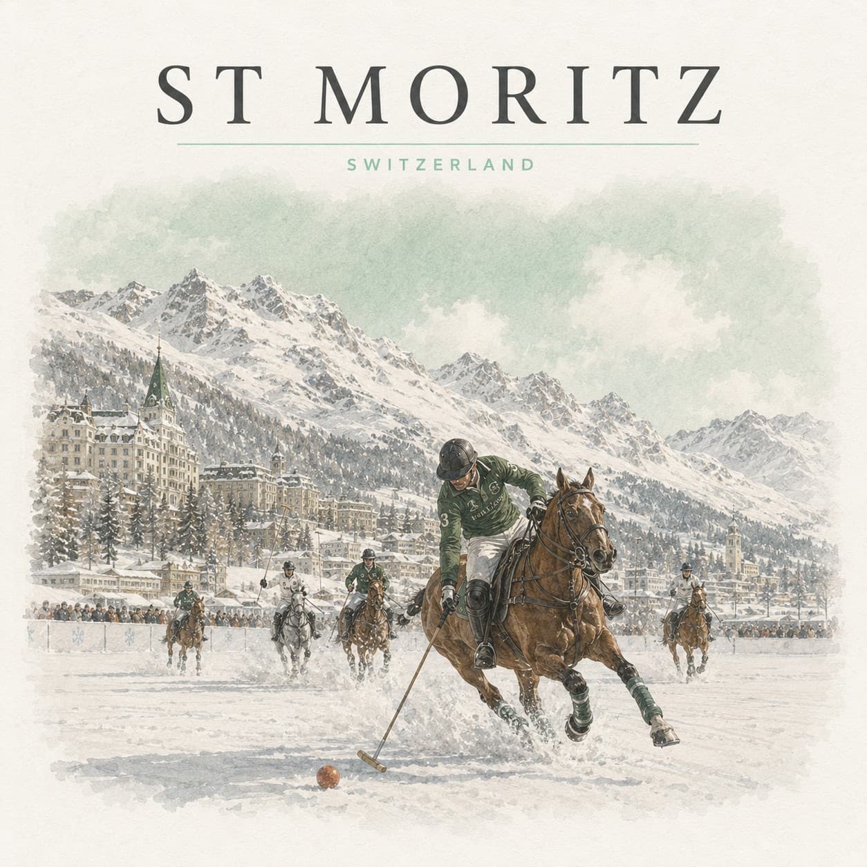 The snow-covered Engadin valley and its lakes at St. Moritz in winter.
