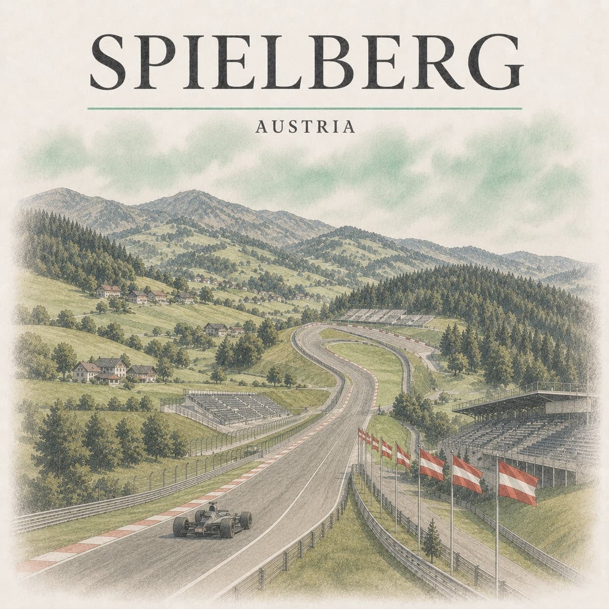 A Formula 1 car on the Red Bull Ring, Austrian flags along the track and the green Styrian hills rising behind.