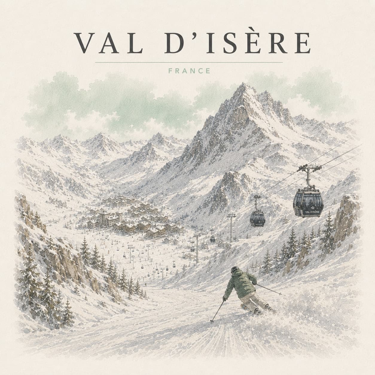 Snow peaks above Val d'Isère lit by alpine first light, the village still in valley shadow.