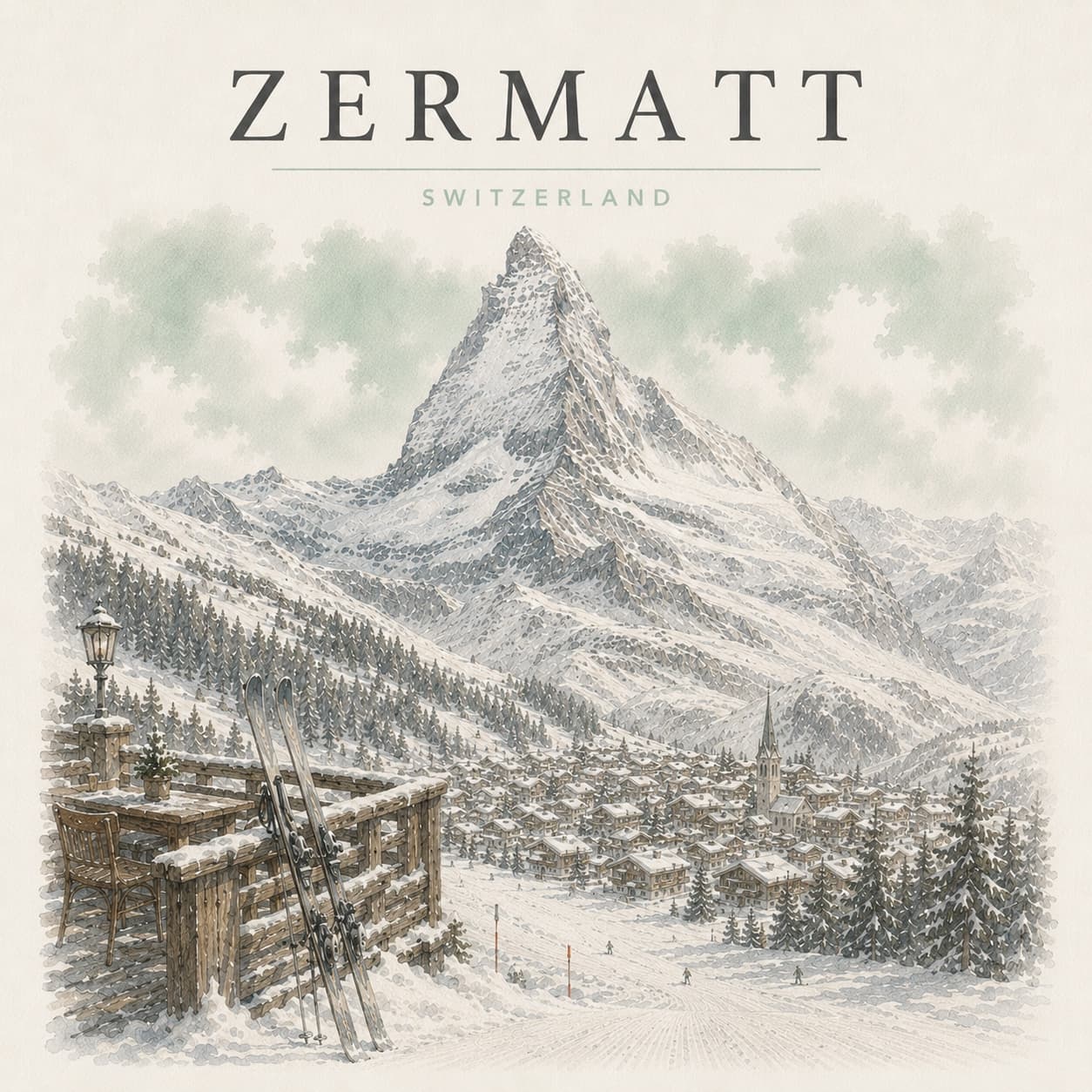 The Matterhorn at dawn above the rooftops of Zermatt.
